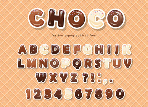 Paper cut out ABC letters and numbers, made of different kinds of chocolate on the wafer background.