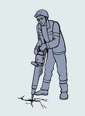 Fototapeta na wymiar Vector drawing. Roadworks. Construction worker with jackhammer