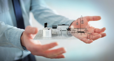 Businessman holding white 3D rendering apartment