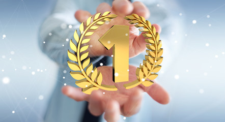 Businessman winning the first golden price 3D rendering