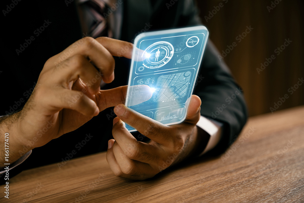 Poster businessperson holding futuristic information device. graphical user interface(GUI). internet of things.