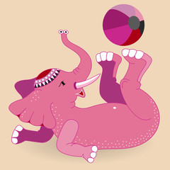 Pink cute elephant and ball. Cartoon style. Vector illustration.