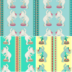 Cute elephant. Set of diferent color seamless patterns. Vector illustration.