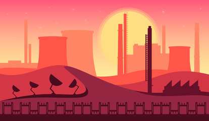 Industrial landscape. A factory in the desert and the sunset. Vector illustration.