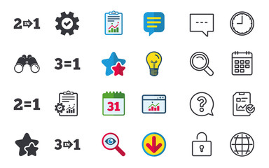 Special offer icons. Take two pay for one sign symbols. Profit at saving. Chat, Report and Calendar signs. Stars, Statistics and Download icons. Question, Clock and Globe. Vector