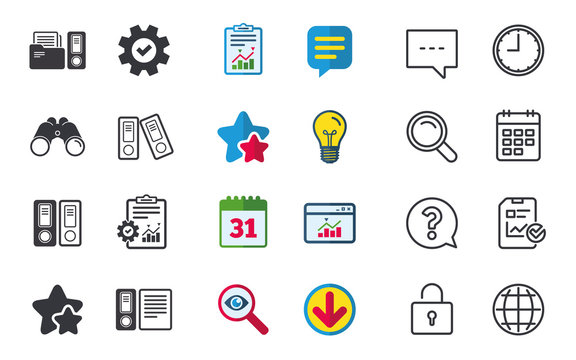 Accounting icons. Document storage in folders sign symbols. Chat, Report and Calendar signs. Stars, Statistics and Download icons. Question, Clock and Globe. Vector