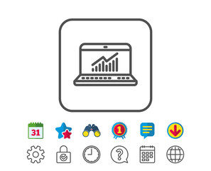 Data Analysis and Statistics line icon. Report graph or Chart sign. Computer data processing symbol. Calendar, Globe and Chat line signs. Binoculars, Award and Download icons. Editable stroke. Vector