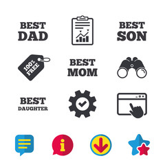 Best mom and dad, son and daughter icons. Award symbols. Browser window, Report and Service signs. Binoculars, Information and Download icons. Stars and Chat. Vector