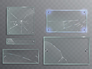 Vector illustration set of transparent glass plates with cracks, cracked panels with metal accessories isolated on translucent background