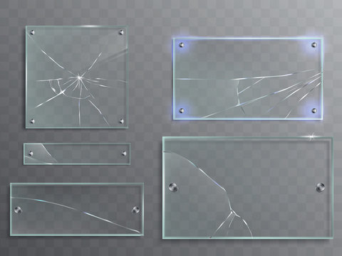 Vector illustration set of transparent glass plates with cracks, cracked panels with metal accessories isolated on translucent background