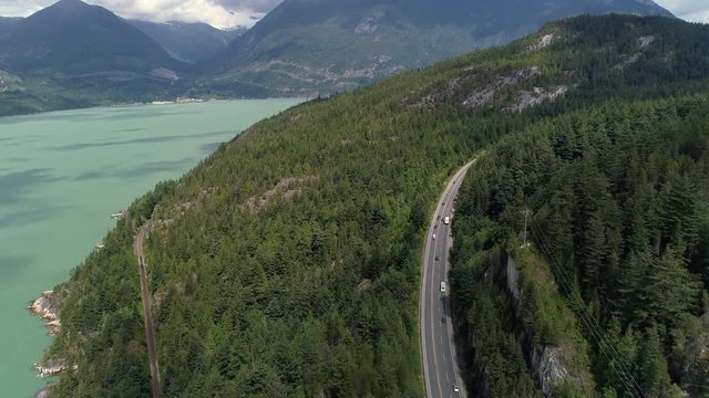 Aerial of Sunny Day on Sea to Sky Highway by Squamish British Columbia