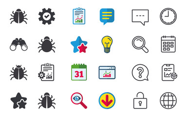 Fototapeta premium Bugs vaccination icons. Virus software error sign symbols. Chat, Report and Calendar signs. Stars, Statistics and Download icons. Question, Clock and Globe. Vector