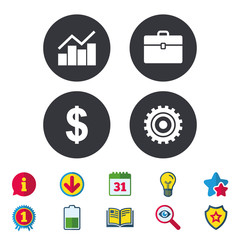 Business icons. Graph chart and case signs. Dollar currency and gear cogwheel symbols. Calendar, Information and Download signs. Stars, Award and Book icons. Light bulb, Shield and Search. Vector