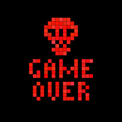 Game over. Red pixel skull on black screen. Pixel art background.  Retro video games icon.