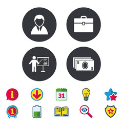 Fototapeta premium Businessman icons. Human silhouette and cash money signs. Case and presentation with chart symbols. Calendar, Information and Download signs. Stars, Award and Book icons. Light bulb, Shield and Search