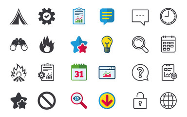 Tourist camping tent icon. Fire flame and stop prohibition sign symbols. Chat, Report and Calendar signs. Stars, Statistics and Download icons. Question, Clock and Globe. Vector