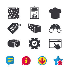 Cheese icons. Round cheese wheel sign. Sliced food with chief hat symbols. Browser window, Report and Service signs. Binoculars, Information and Download icons. Stars and Chat. Vector