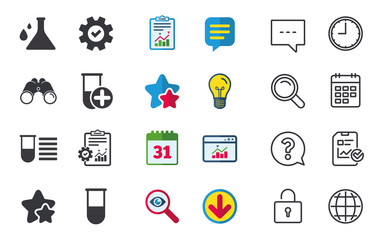 Chemistry bulb with drops icon. Medical test signs. Laboratory equipment symbols. Chat, Report and Calendar signs. Stars, Statistics and Download icons. Question, Clock and Globe. Vector