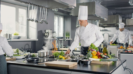 Famous Chef Works in a Big Restaurant Kitchen with His Apprentices. Kitchen is Full of Food, Vegetables and Pans on Fire.