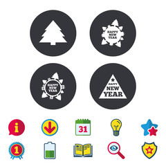 Happy new year icon. Christmas trees signs. World globe symbol. Calendar, Information and Download signs. Stars, Award and Book icons. Light bulb, Shield and Search. Vector
