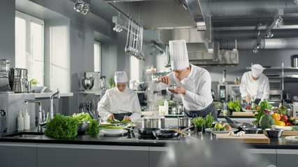 Beroemde chef-kok werkt met zijn hulp in een grote restaurantkeuken. De keuken staat vol met voedsel, groenten en kookgerei. Hij probeert smaak.