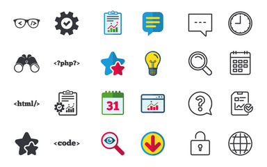 Programmer coder glasses icon. HTML markup language and PHP programming language sign symbols. Chat, Report and Calendar signs. Stars, Statistics and Download icons. Question, Clock and Globe. Vector