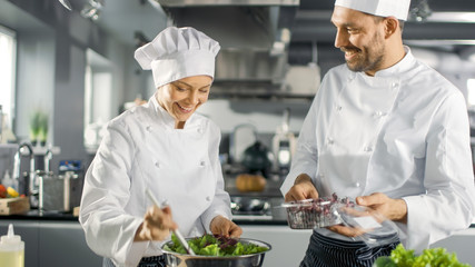 Fototapeta na wymiar Male and Female Famous Chefs Team Prepare Salad for Their Five Star Restaurant. They Work on a Big Restaurant Stainless Steel Professional Kitchen.
