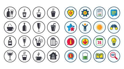 Set of Drinks, Beer and Cocktails icons. Coffee, Tea and Alcohol drinks. Wine bottle, Glass and Bar symbols. Calendar, Report and Book signs. Stars, Service and Download icons. Vector