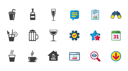 Coffee, tea icons. Beer, wine and cocktail signs. Soft and alcohol drinks symbols. Calendar, Report and Download signs. Stars, Service and Search icons. Statistics, Binoculars and Chat. Vector
