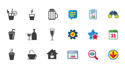 Tea, coffee and beer icons. Beer, wine and cocktail signs. Take away drinks. Calendar, Report and Download signs. Stars, Service and Search icons. Statistics, Binoculars and Chat. Vector