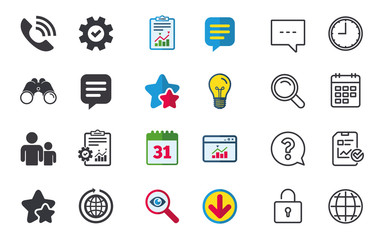 Group of people and share icons. Speech bubble and round the world arrow symbols. Communication signs. Chat, Report and Calendar signs. Stars, Statistics and Download icons. Question, Clock and Globe