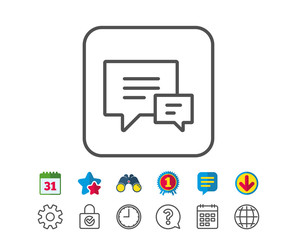 Chat line icon. Speech bubble sign. Communication or Comment symbol. Calendar, Globe and Chat line signs. Binoculars, Award and Download icons. Editable stroke. Vector