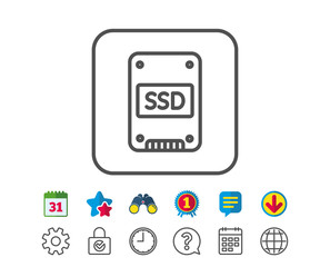 SSD icon. Solid-state drive sign. Storage disk symbol. Calendar, Globe and Chat line signs. Binoculars, Award and Download icons. Editable stroke. Vector