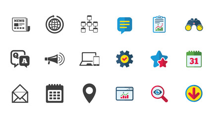 Communication icons. News, chat messages and calendar signs. E-mail, question and answer symbols. Calendar, Report and Download signs. Stars, Service and Search icons. Statistics, Binoculars and Chat