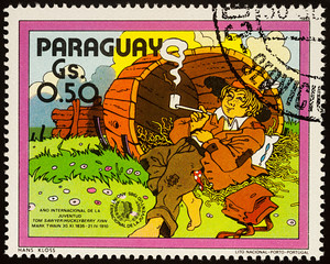 Huckleberry Finn in the barrel on postage stamp