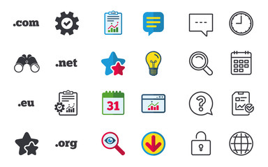 Top-level internet domain icons. Com, Eu, Net and Org symbols. Unique DNS names. Chat, Report and Calendar signs. Stars, Statistics and Download icons. Question, Clock and Globe. Vector