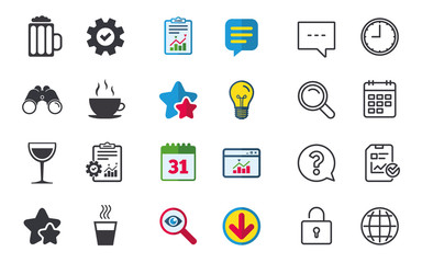 Drinks icons. Coffee cup and glass of beer symbols. Wine glass sign. Chat, Report and Calendar signs. Stars, Statistics and Download icons. Question, Clock and Globe. Vector