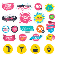 Sale shopping banners. Drinks icons. Coffee cup and glass of beer symbols. Wine glass sign. Web badges, splash and stickers. Best offer. Vector