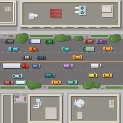 Fragment of city map with roofs, roads and cars on it. Top view vector illustration