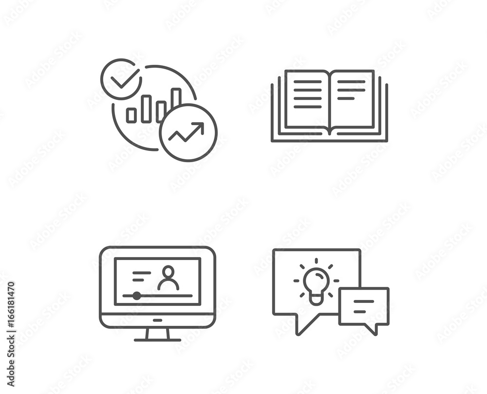 Poster book, charts and video tutorial line icons. communication speech bubbles, instruction and internet l