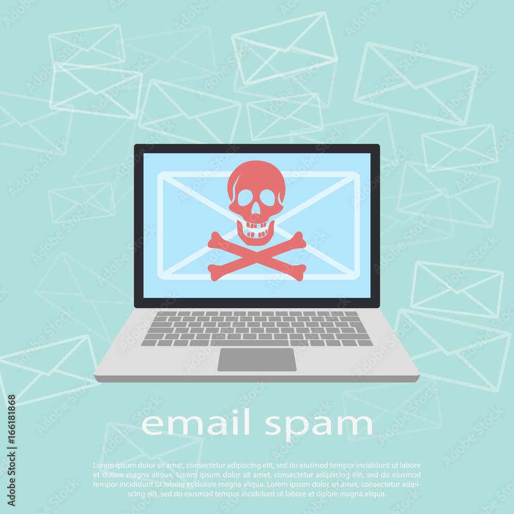 Poster laptop and envelope with skull and crossbones. e-mail spam, hacking, internet virus concept.