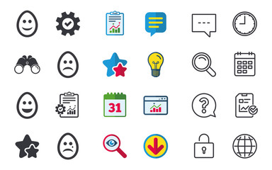 Eggs happy and sad faces icons. Crying smiley with tear symbols. Tradition Easter Pasch signs. Chat, Report and Calendar signs. Stars, Statistics and Download icons. Question, Clock and Globe. Vector