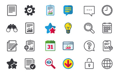 File document icons. Document with chart or graph symbol. Edit content with pencil sign. Select file with checkbox. Chat, Report and Calendar signs. Stars, Statistics and Download icons. Vector