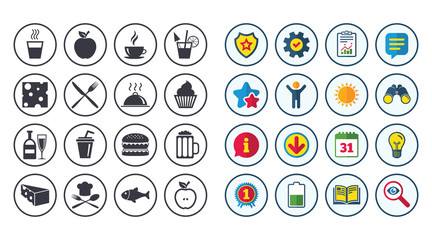 Set of Food and Drinks icons. Restaurant meal, Wine and Cheese signs. Burger, Coffee and Beer symbols. Calendar, Report and Book signs. Stars, Service and Download icons. Vector