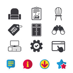 Furniture icons. Cupboard, chair and TV table signs. Modern armchair symbol. Browser window, Report and Service signs. Binoculars, Information and Download icons. Stars and Chat. Vector