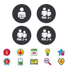 Gamer icons. Board games players sign symbols. Calendar, Information and Download signs. Stars, Award and Book icons. Light bulb, Shield and Search. Vector