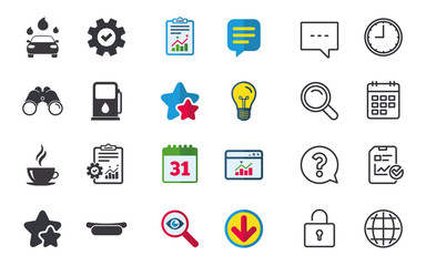 Petrol or Gas station services icons. Automated car wash signs. Hotdog sandwich and hot coffee cup symbols. Chat, Report and Calendar signs. Stars, Statistics and Download icons. Vector