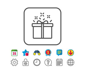 Gift box line icon. Present or Sale sign. Birthday Shopping symbol. Package in Gift Wrap. Calendar, Globe and Chat line signs. Binoculars, Award and Download icons. Editable stroke. Vector