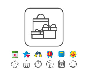 Gift boxes with bag line icon. Present or Sale sign. Birthday Shopping symbol. Package in Gift Wrap. Calendar, Globe and Chat line signs. Binoculars, Award and Download icons. Editable stroke. Vector