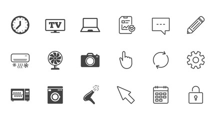 Home appliances, device icons. Electronics signs. Air conditioning, washing machine and microwave oven symbols. Chat, Report and Calendar line signs. Service, Pencil and Locker icons. Vector